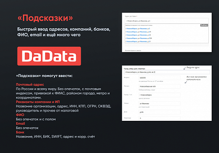 Подсказки по ФИО, адресам и реквизитам компаний на странице заказа Dadata.ru